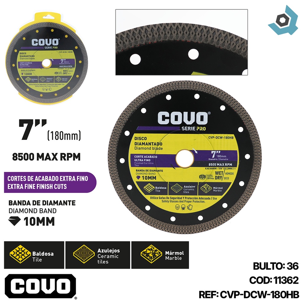 DISCO DIAMANTADO 7" CORTE ULTRA FINO COVO PRO