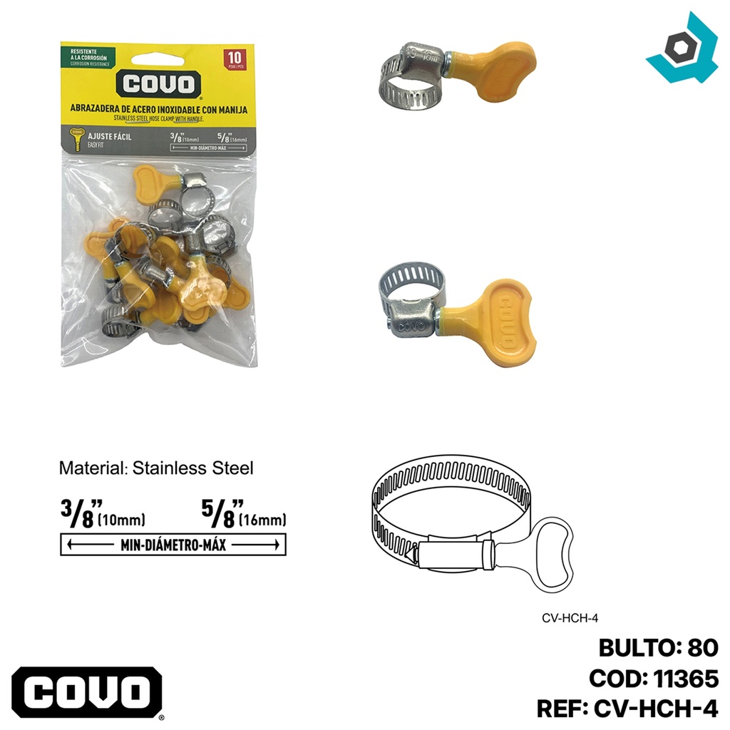 ABRAZADERA CON MANIJA 3/8" A 5/8" 10 PZAS COVO
