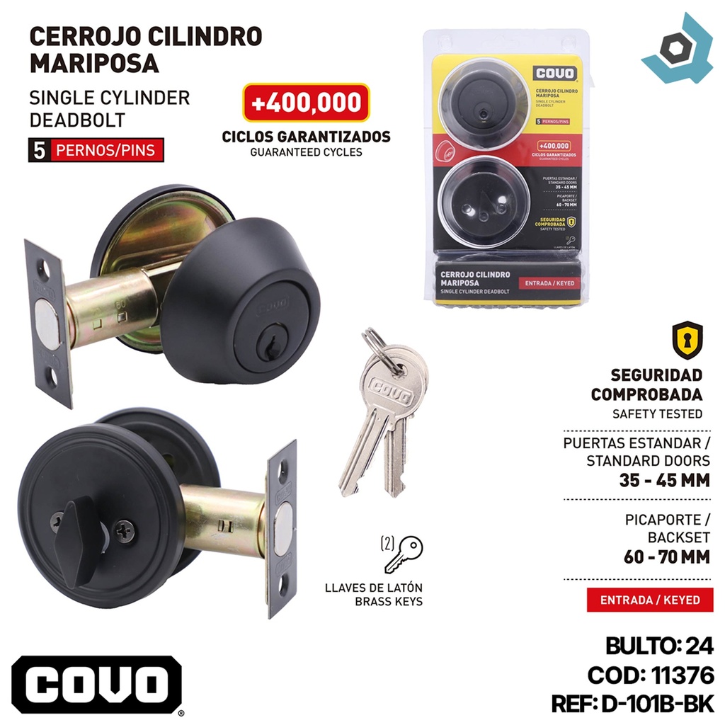 CERROJO CILINDRO MARIPOSA 45MM NEGRO COVO
