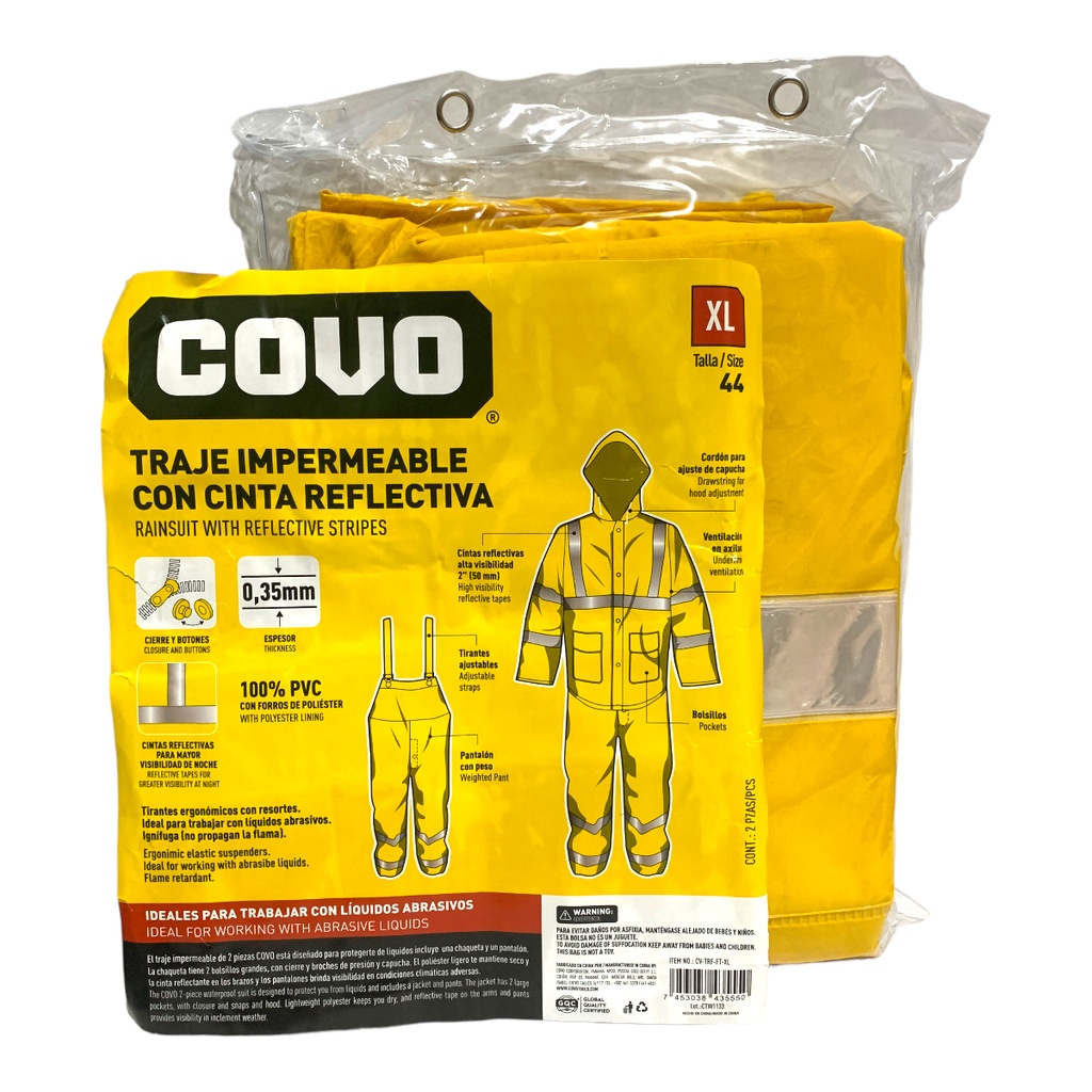 TRAJE IMPERMEABLE CON CINTA REFLECTIVA 2 PIEZAS TALLA XL COVO
