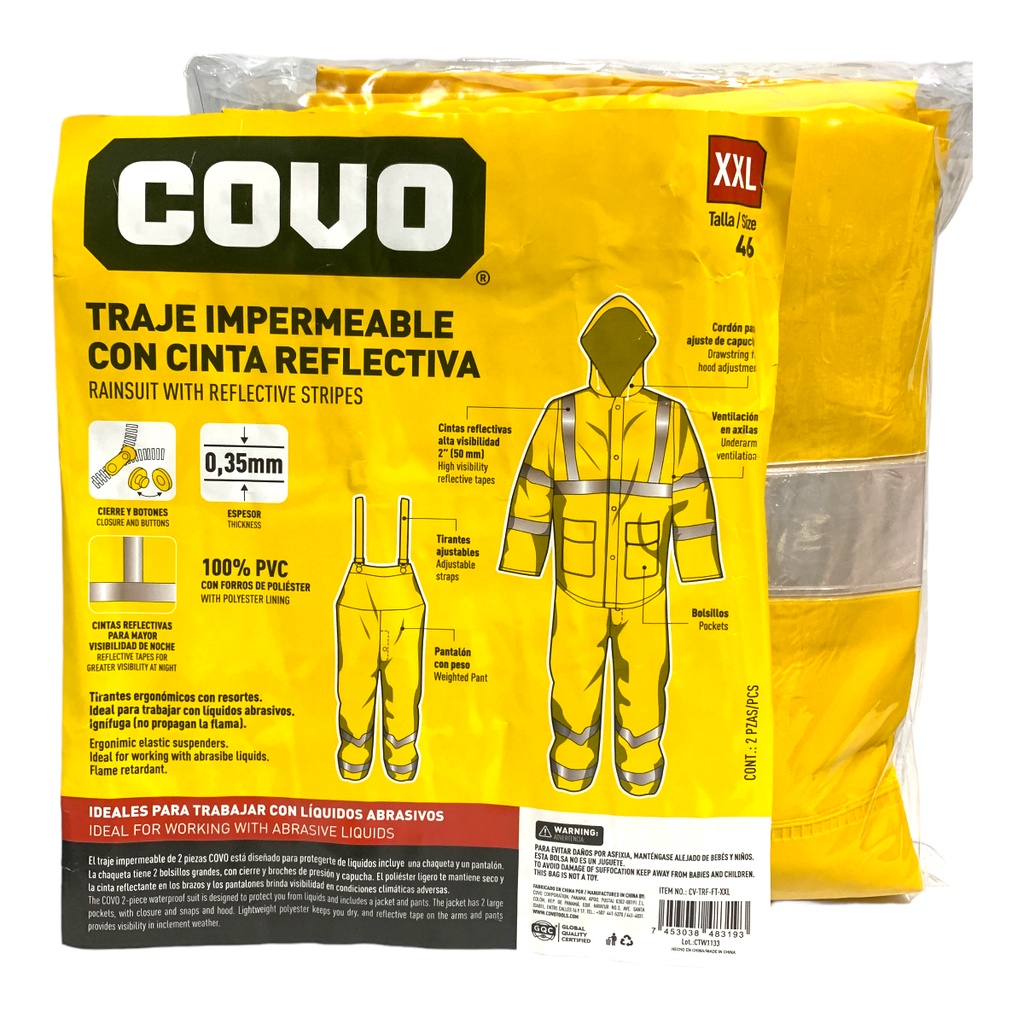 TRAJE IMPERMEABLE CON CINTA REFLECTIVA 2 PIEZAS TALLA XXL COVO