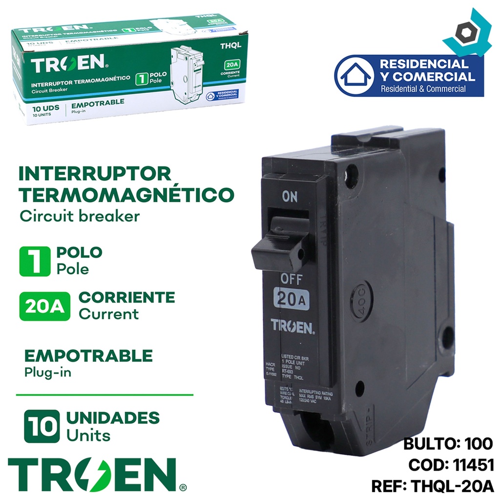 BREAKER PARA EMPOTRAR 1P X 20AMP TROEN