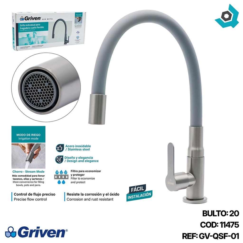 GRIFERIA INDIVIDUAL PARA FREGADERO CUELLO FLEXIBLE GRIS METALICO GRIVEN GUN METAL