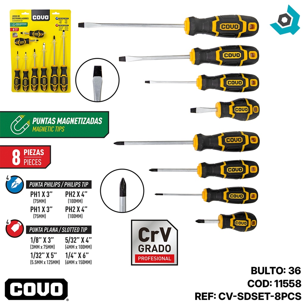 JUEGO DE DESTORNILLADORES 8 PIEZAS PROFESIONAL COVO