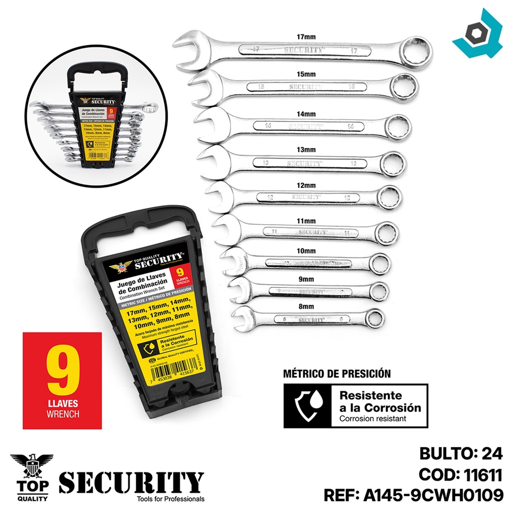 JUEGO DE LLAVES DE COMBINACION 9 PZAS SECURITY