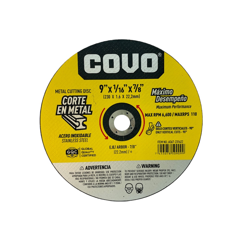 DISCO PARA CORTE EN METAL 9" X 1/16" X 7/8" COVO