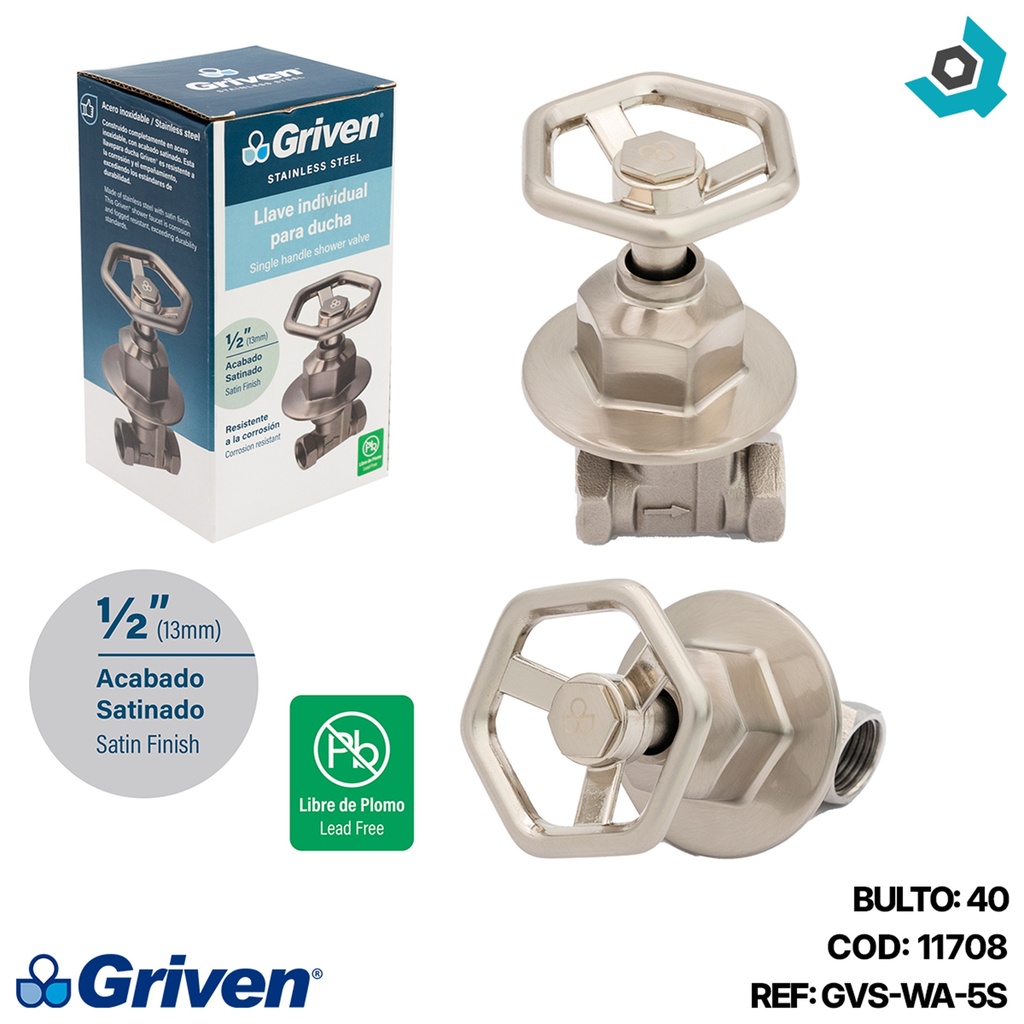 LLAVE PARA DUCHA 1/2" SATINADO ACERO INOXIDABLE GRIVEN