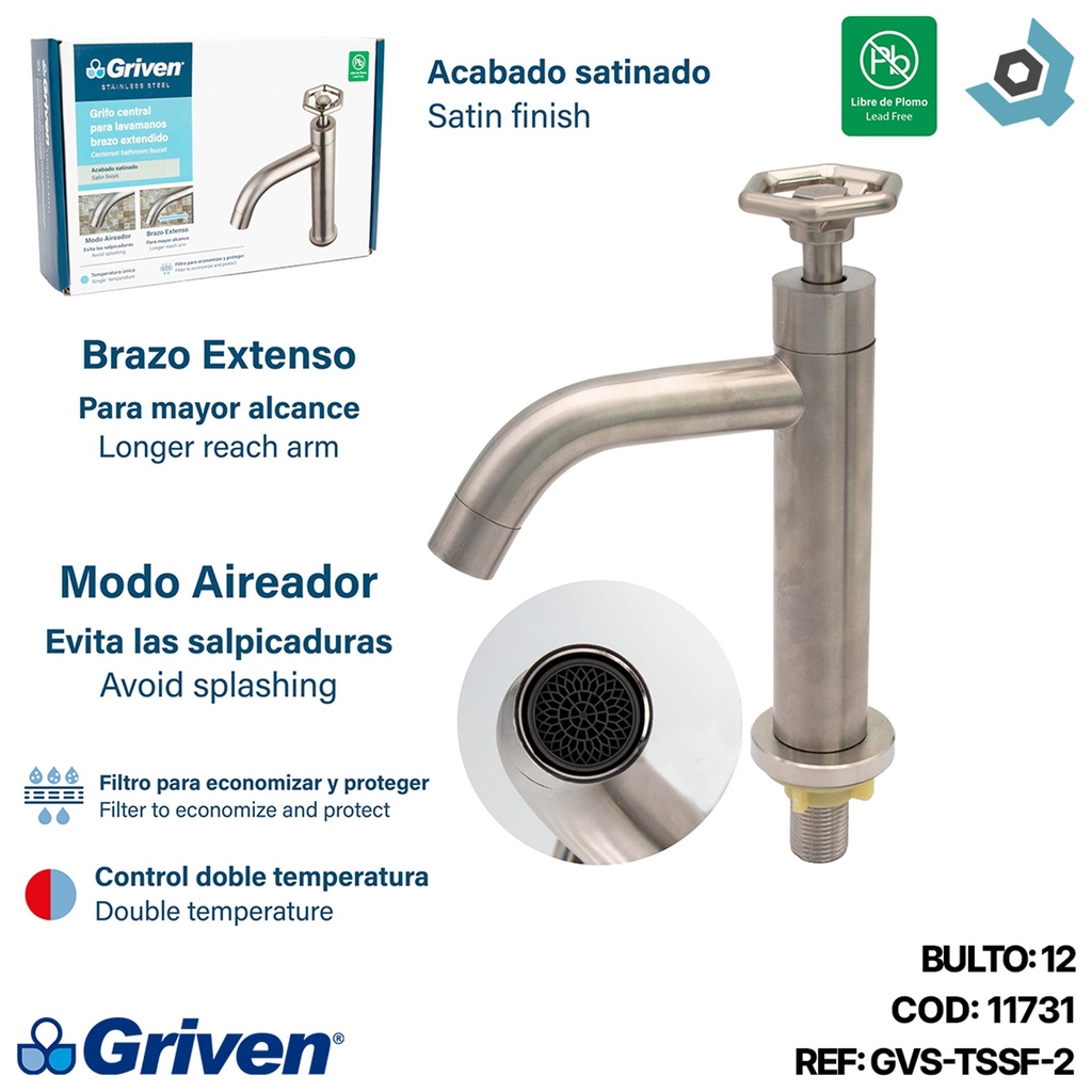 GRIFERIA PARA LAVAMANOS SATINADO ACERO INOXIDABLE GRIVEN