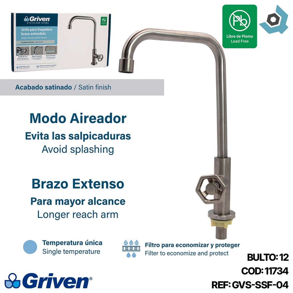 GRIFERIA PARA FREGADERO SATINADO ACERO INOXIDABLE GRIVEN