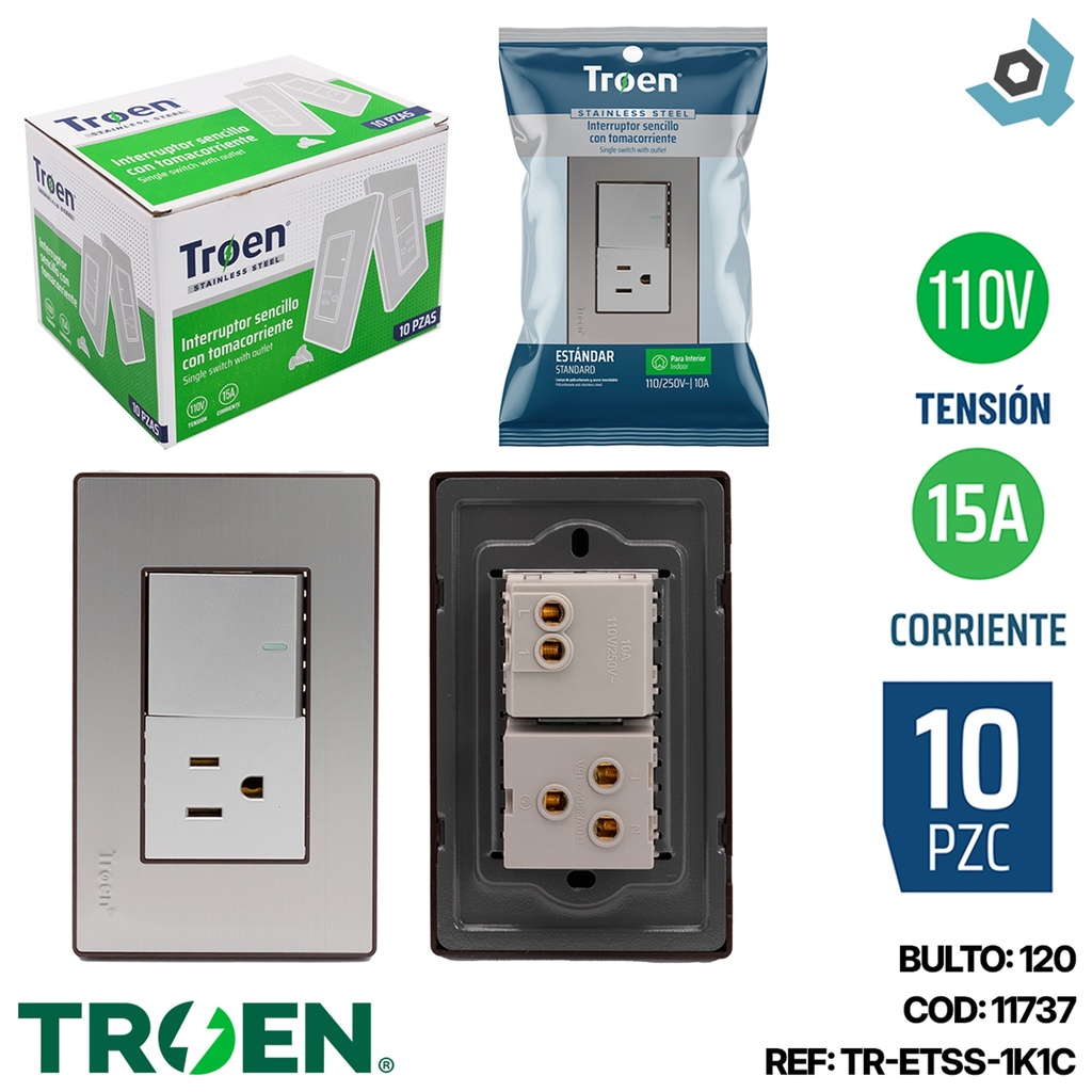 APAGADOR CON TOMA ACERO INOXIDABLE TROEN