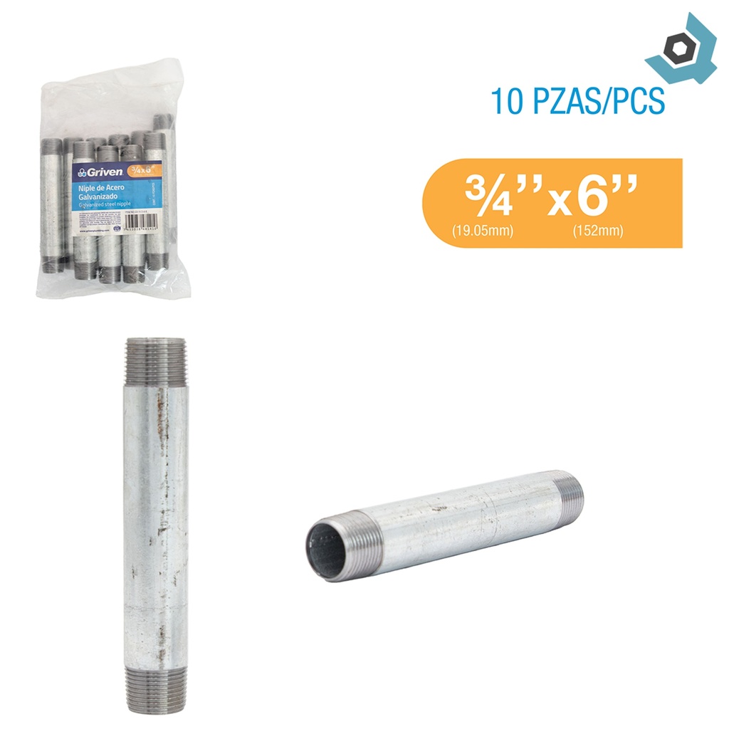 NIPLE 3/4" X 6" DE ACERO GALVANIZADO GRIVEN