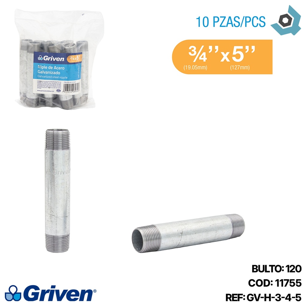 NIPLE 3/4" X 5" DE LARGO DE ACERO GALVANIZADO GRIVEN