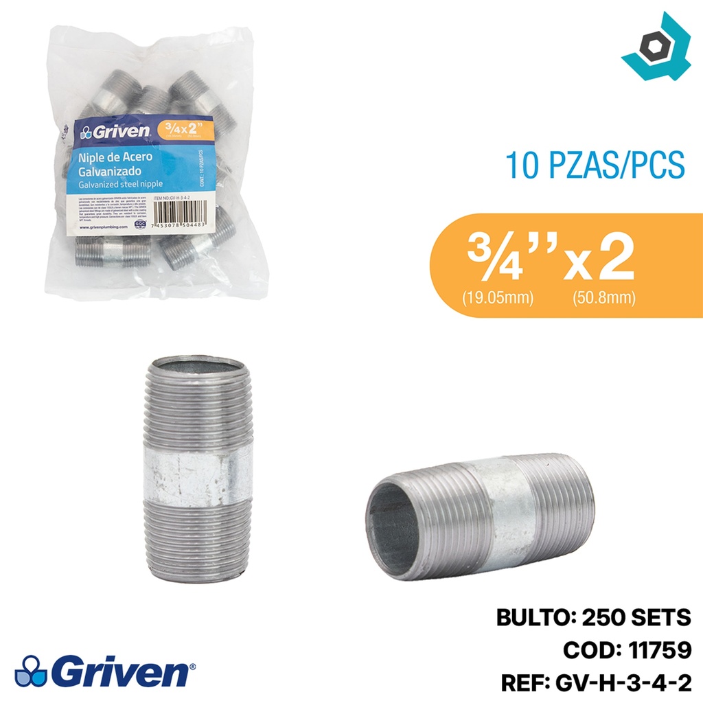 NIPLE 3/4" X 2" DE LARGO DE ACERO GALVANIZADO GRIVEN