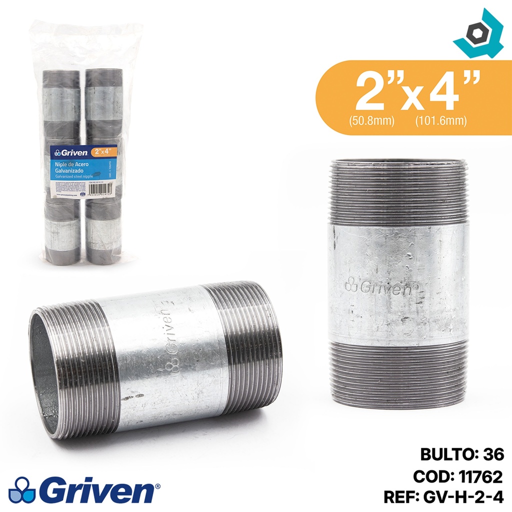 NIPLE 2" X 4" DE LARGO DE ACERO GALVANIZADO GRIVEN