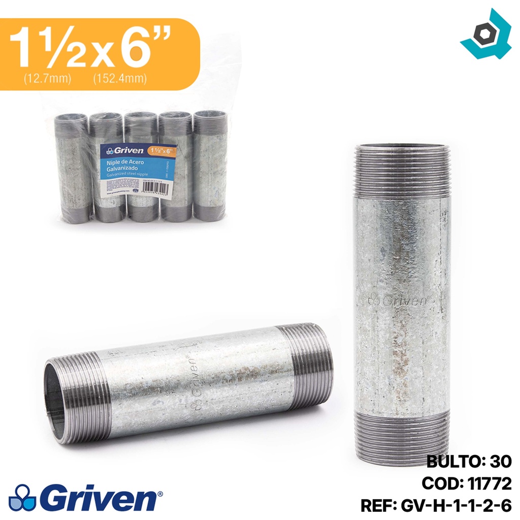 NIPLE 1 1/2" X 6" DE LARGO DE ACERO GALVANIZADO GRIVEN