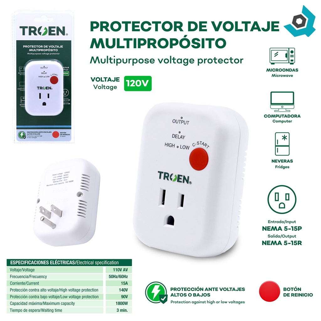 PROTECTOR DE VOLTAJE 120V 15A MULTIPROPOSITO TROEN