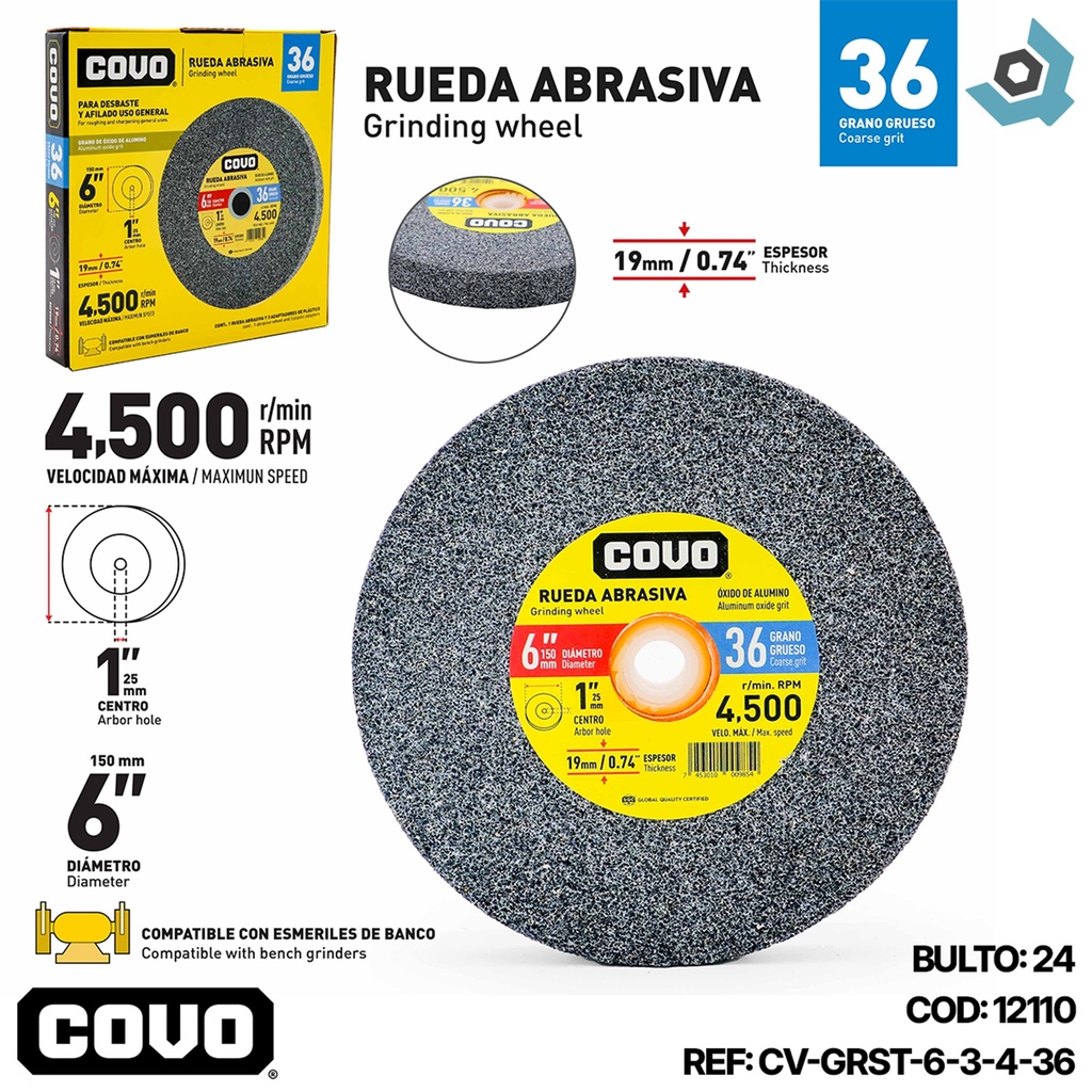 DISCO ABRASIVO PARA DESBASTE GRANO 36 X 6" X 19MM COVO