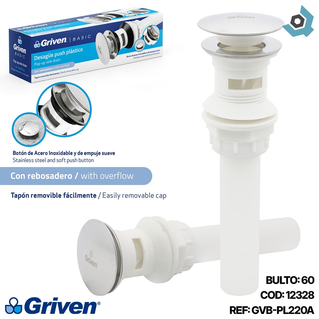 DESAGUE PUSH PLASTICO CON REBOSADERO GRIVEN BASIC