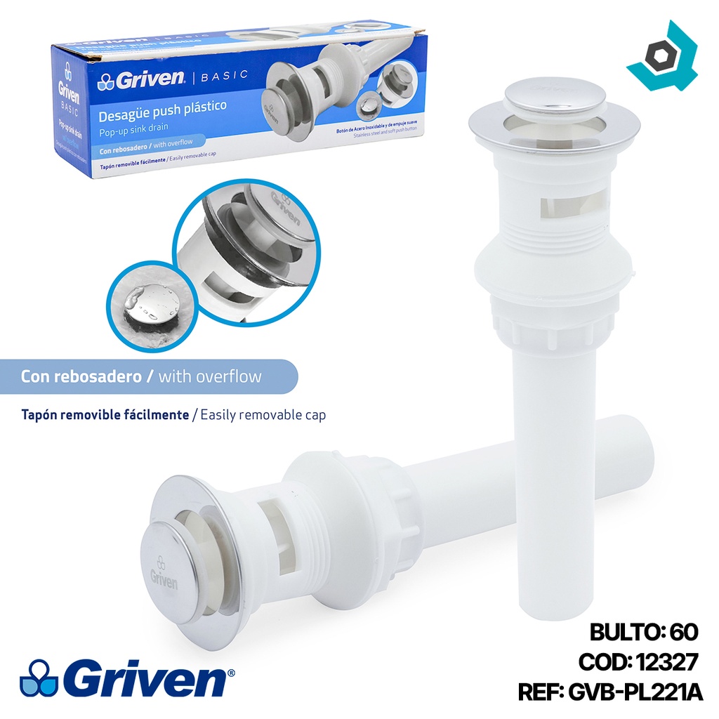 DESAGUE PUSH PLASTICO CON REBOSADERO GRIVEN BASIC