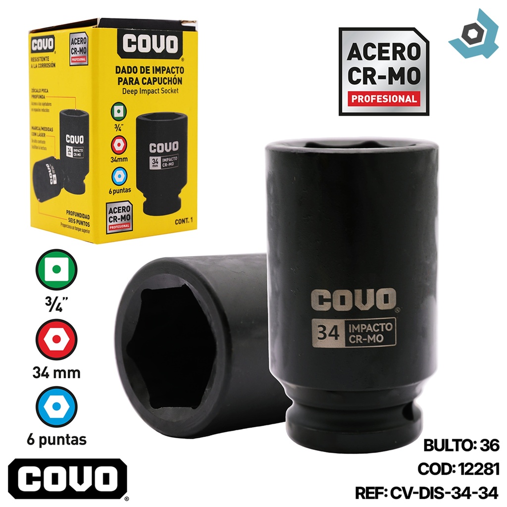 DADO DE IMPACTO 34MM X 3/4” COVO