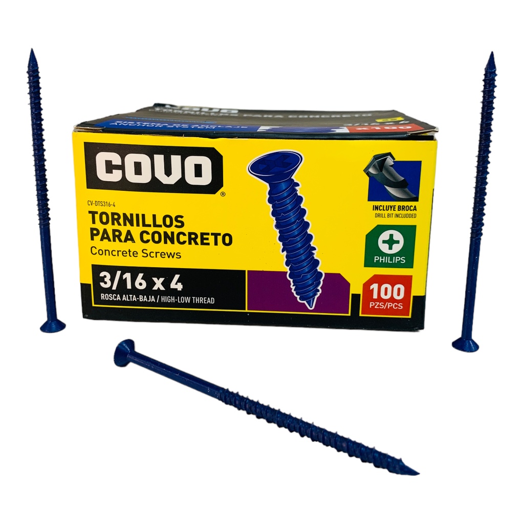 TORNILLOS PARA CONCRETO 3/16” X 4” 100 PZAS COVO