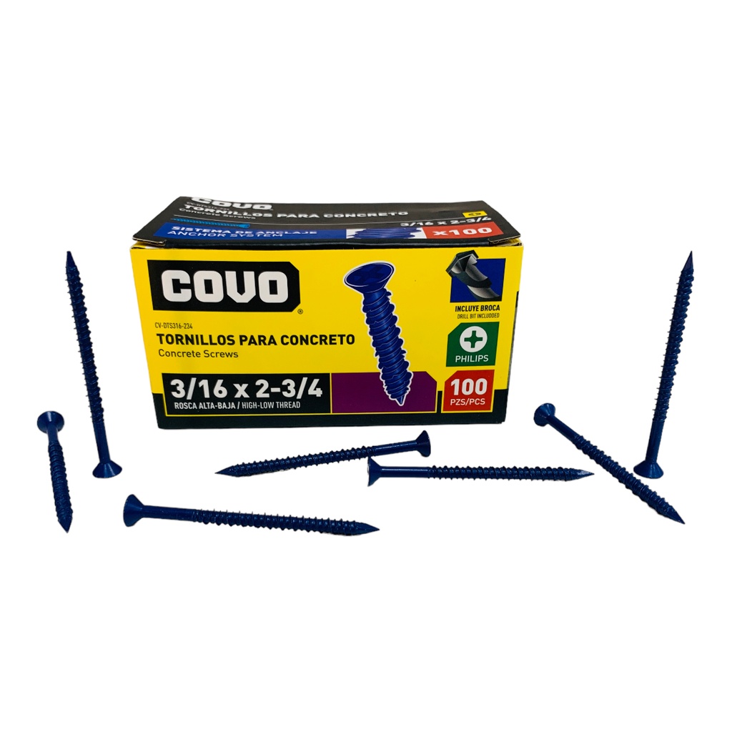 TORNILLOS PARA CONCRETO 3/16” X 2-3/4” 100 PZAS COVO