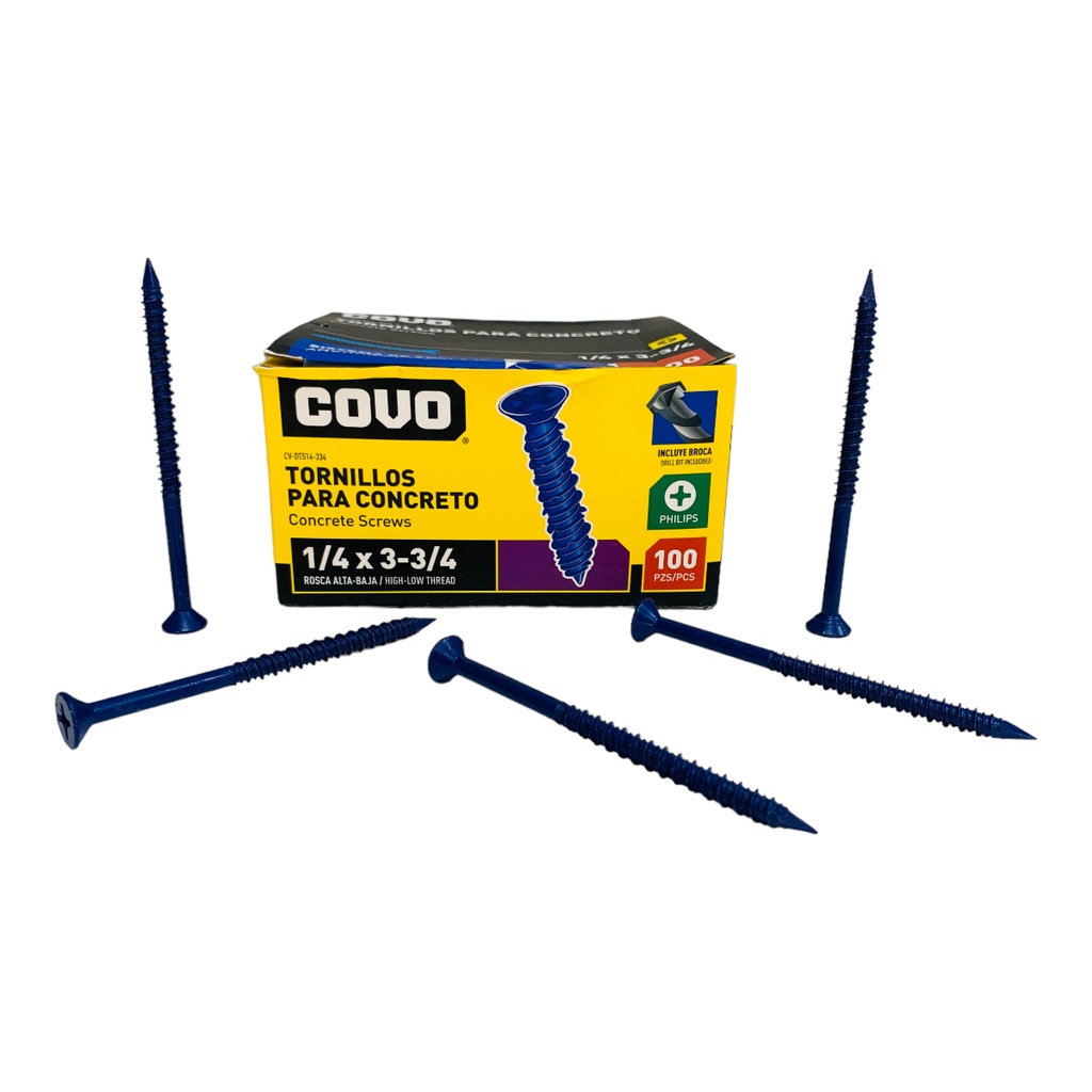 TORNILLOS PARA CONCRETO 1/4” X 3-3/4” 100 PZAS COVO