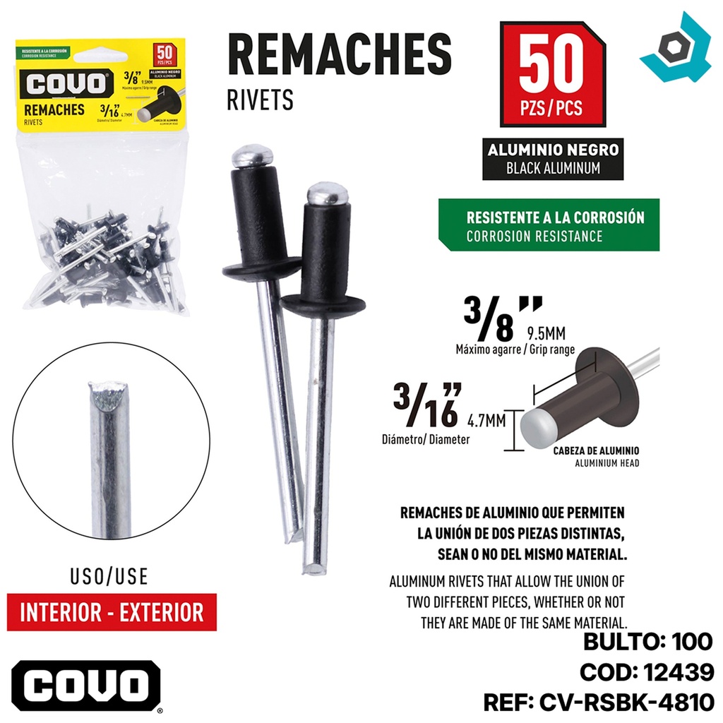 REMACHES 3/16" X 3/8" ALUMINIO NEGRO 50 PIEZAS COVO