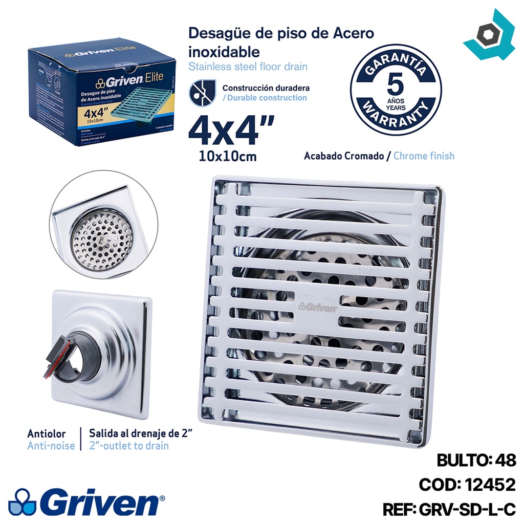 DESAGUE DE PISO ANTI OLOR 4X4" CROMADO GRIVEN ELITE