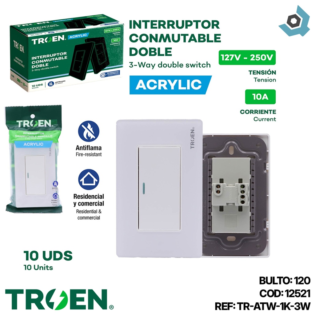 APAGADOR INDIVIDUAL 3 WAY ACRILICO BLANCO TROEN