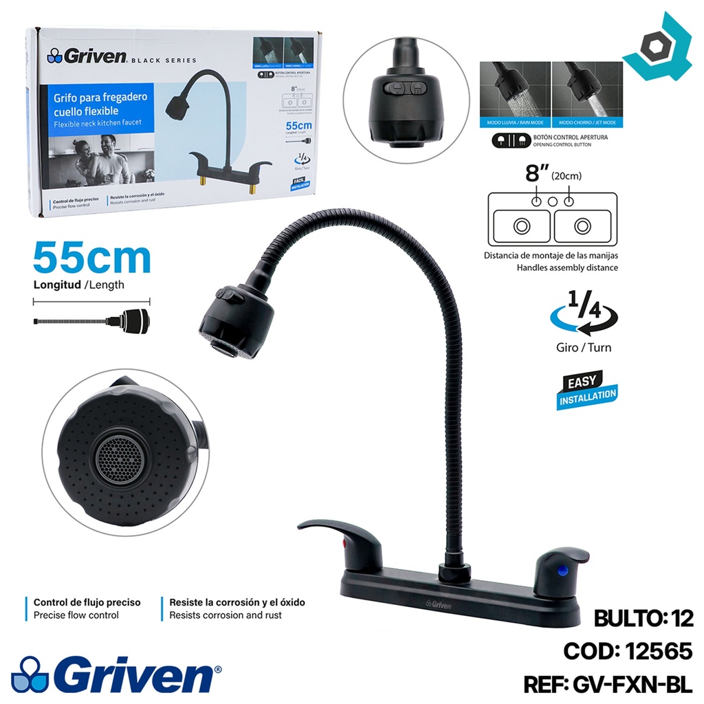 GRIFERIA PARA FREGADERO CUELLO FLEXIBLE NEGRO MATE GRIVEN