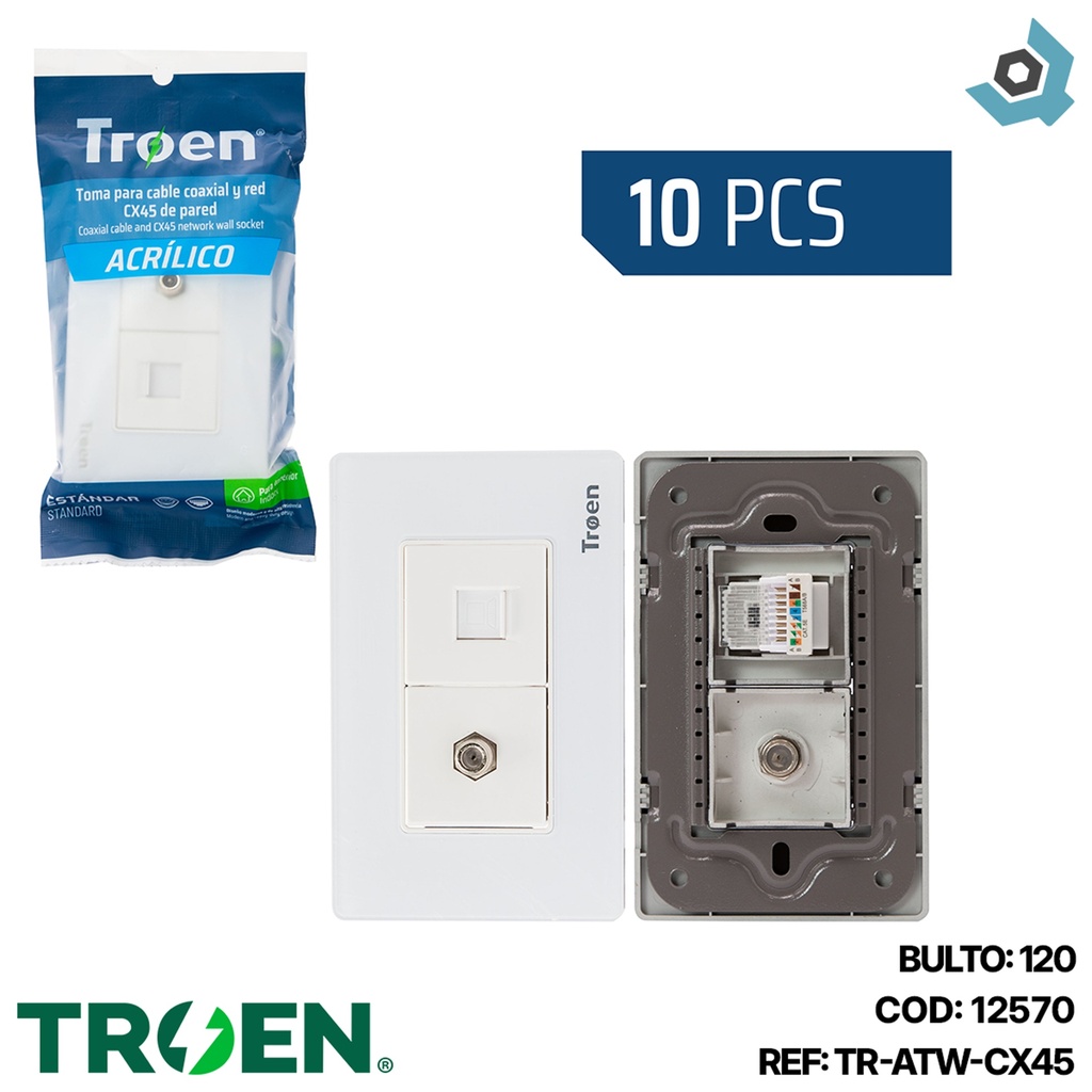 TOMA PARA CABLE COAXIAL Y RED RJ45 ACRILICO BLANCO TROEN
