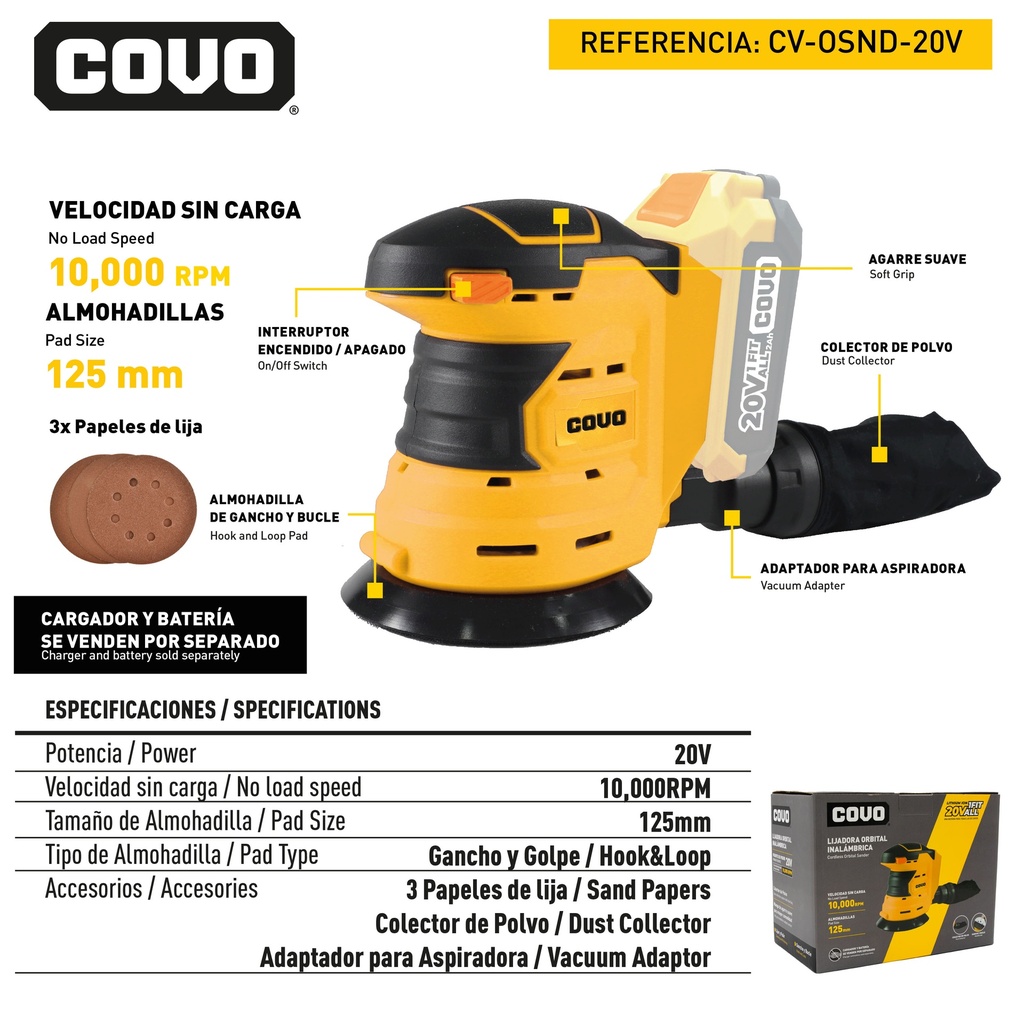 LIJADORA ORBITAL INALAMBRICO 20V COVO