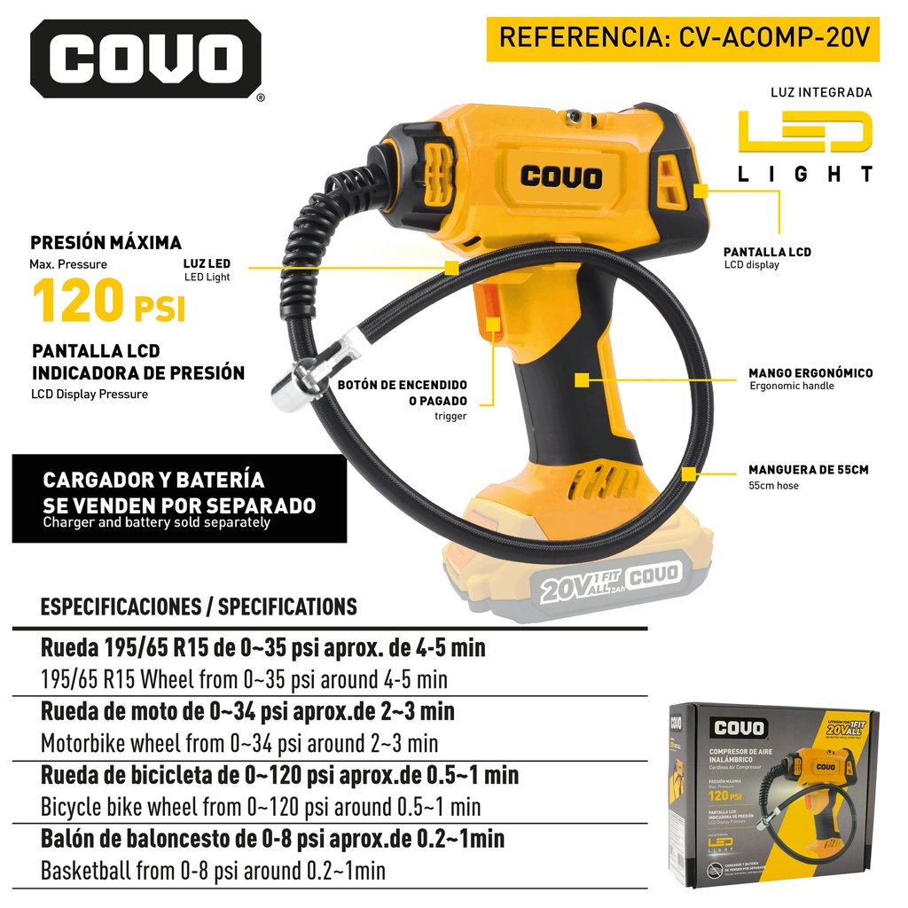 COMPRESOR DE AIRE INALAMBRICO 20V COVO
