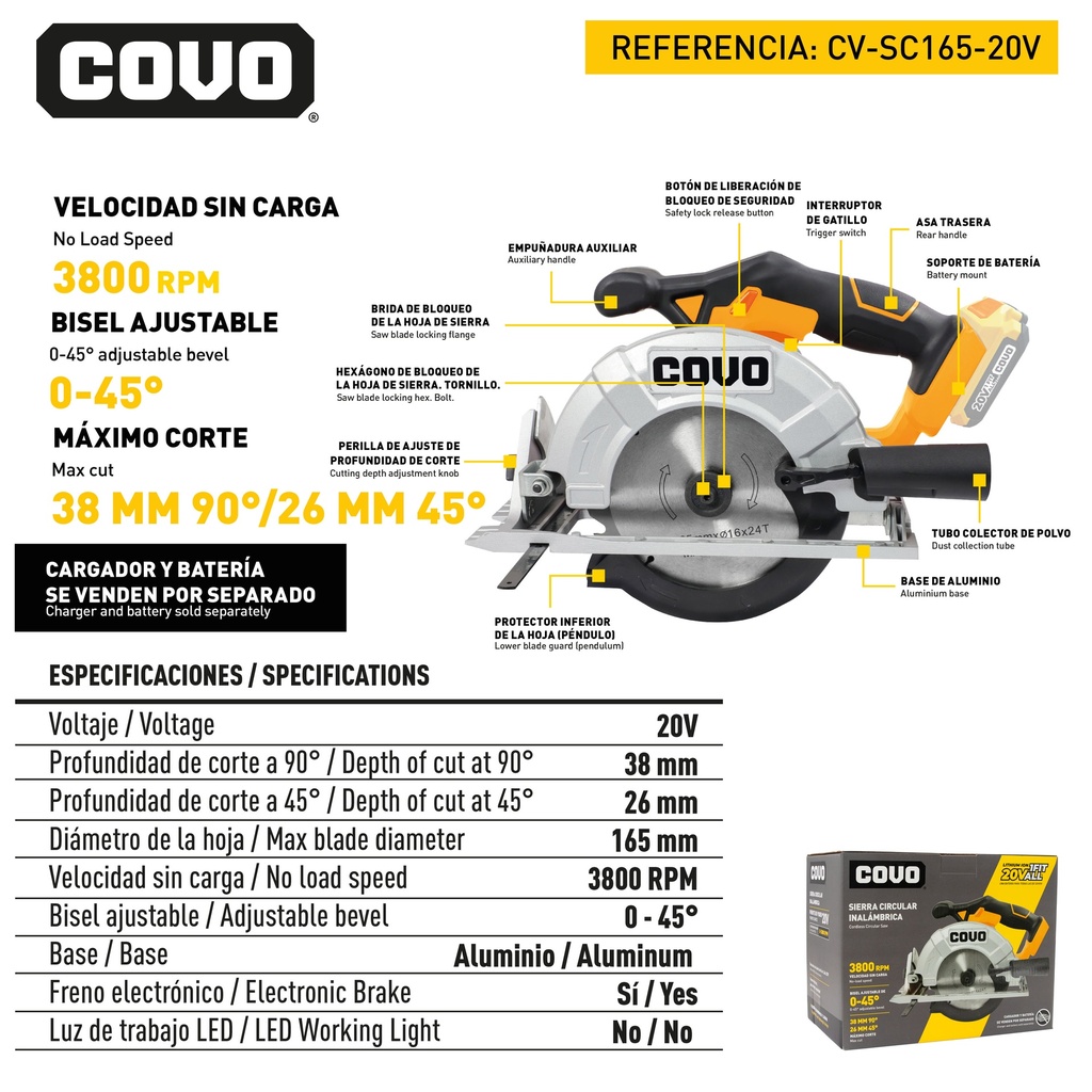 SIERRA CIRCULAR INALAMBRICO 20V COVO