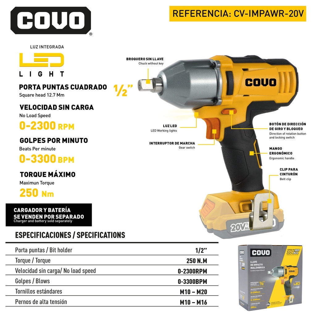 LLAVE DE IMPACTO INALAMBRICO 20V COVO