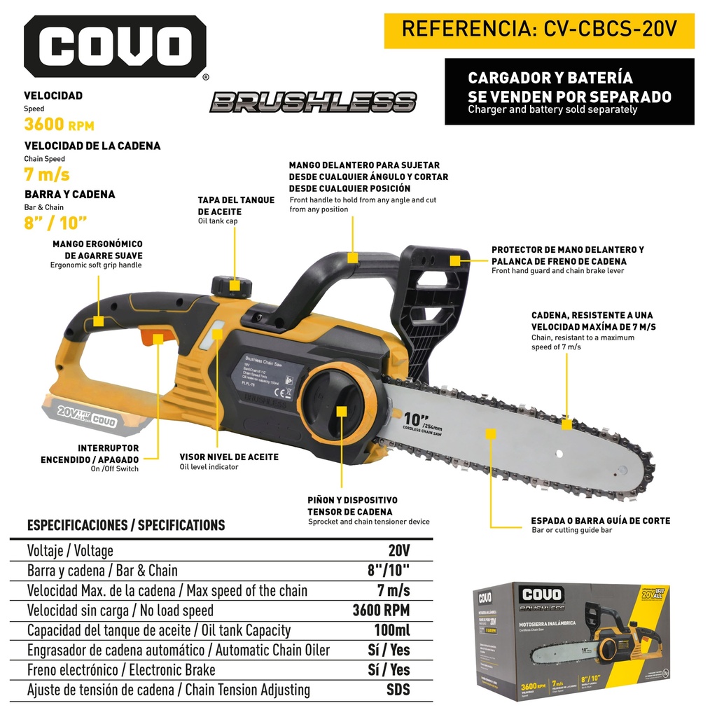 MOTOSIERRA INALAMBRICA BRUSHLESS 20V COVO