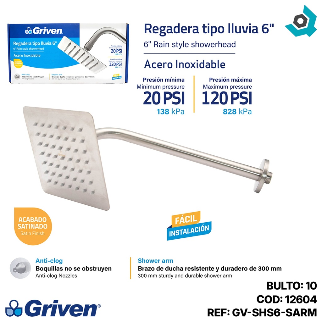 REGADERA TIPO LLUVIA 6" SATINADO CUADRADA GRIVEN