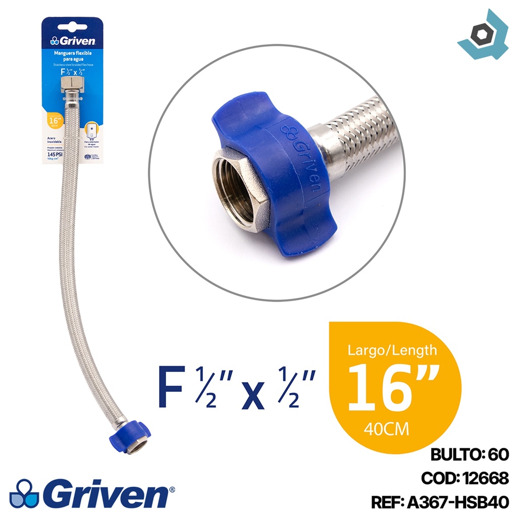 MANGUERA FLEXIBLE 1/2" X 1/2" 40CM GRIVEN