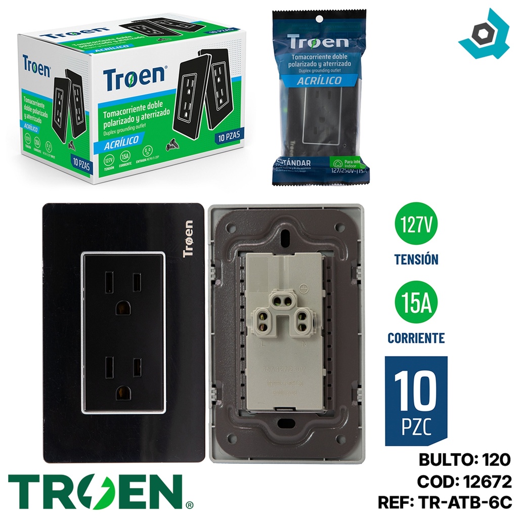 TOMACORRIENTE DOBLE DE ACRILICO NEGRO TROEN