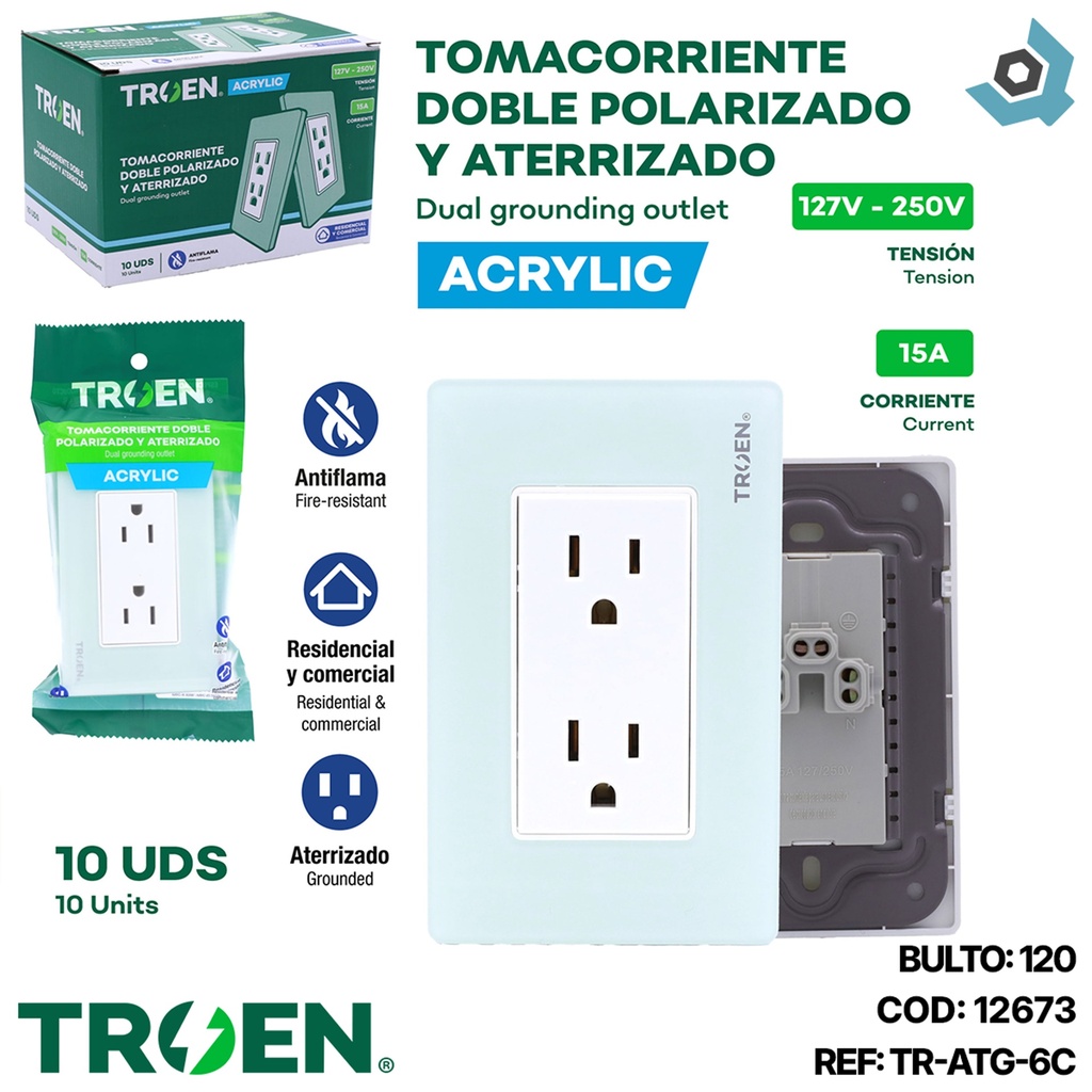 TOMACORRIENTE DOBLE DE ACRILICO VERDE AGUA TROEN