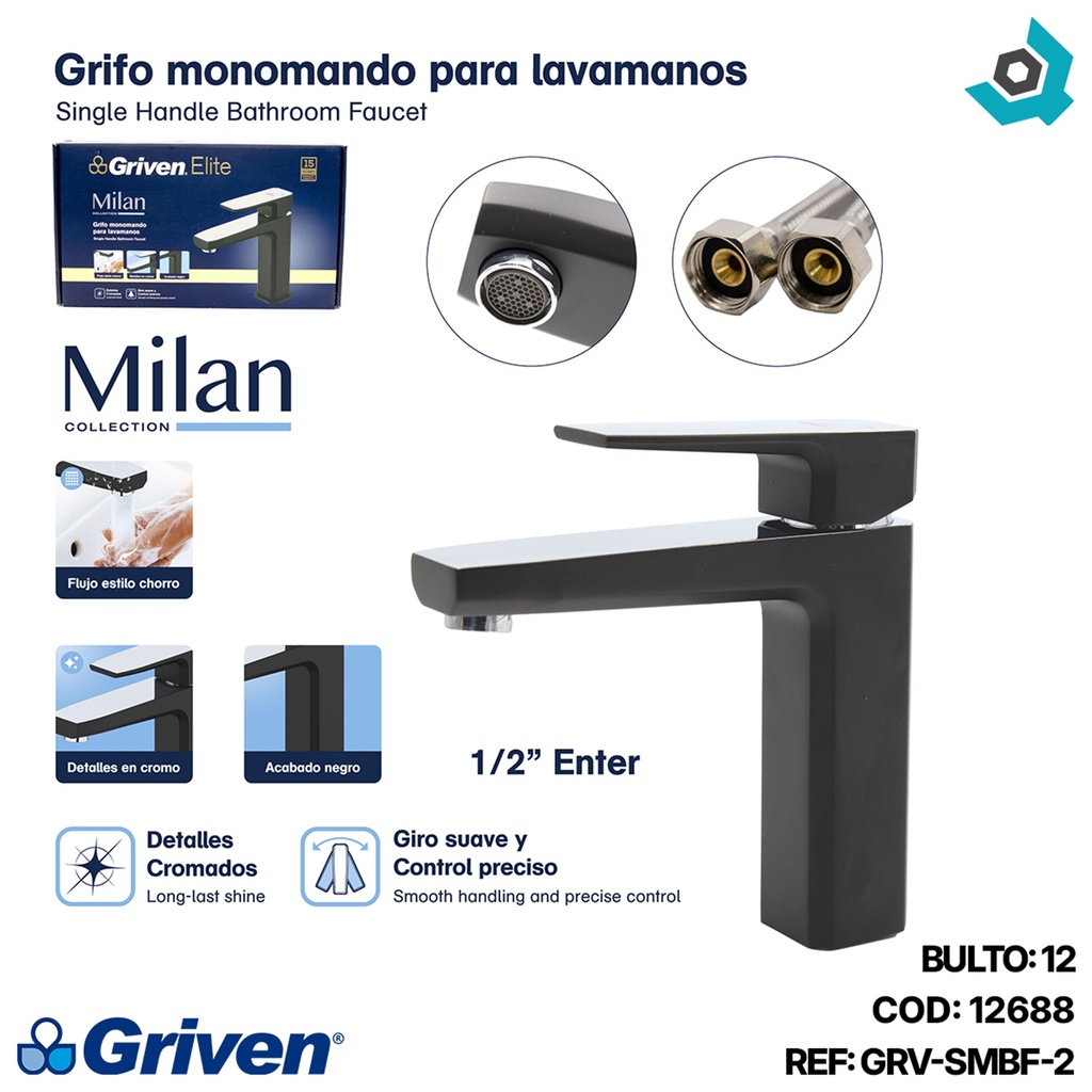 GRIFERIA MONOMANDO PARA LAVAMANOS NEGRO MATE GRIVEN ELITE EDICION MILAN COLLECTION