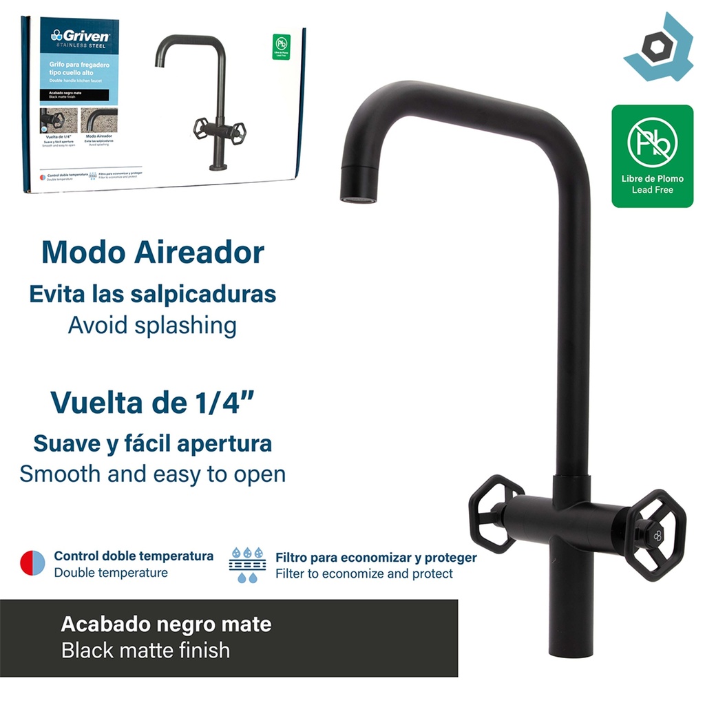 GRIFERIA PARA FREGADERO CUELLO ALTO NEGRO MATE GRIVEN ACERO INOXIDABLE