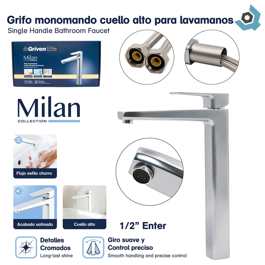 GRIFERIA CUELLO ALTO PARA LAVAMANOS SATINADO GRIVEN ELITE EDICION MILAN COLLECTION