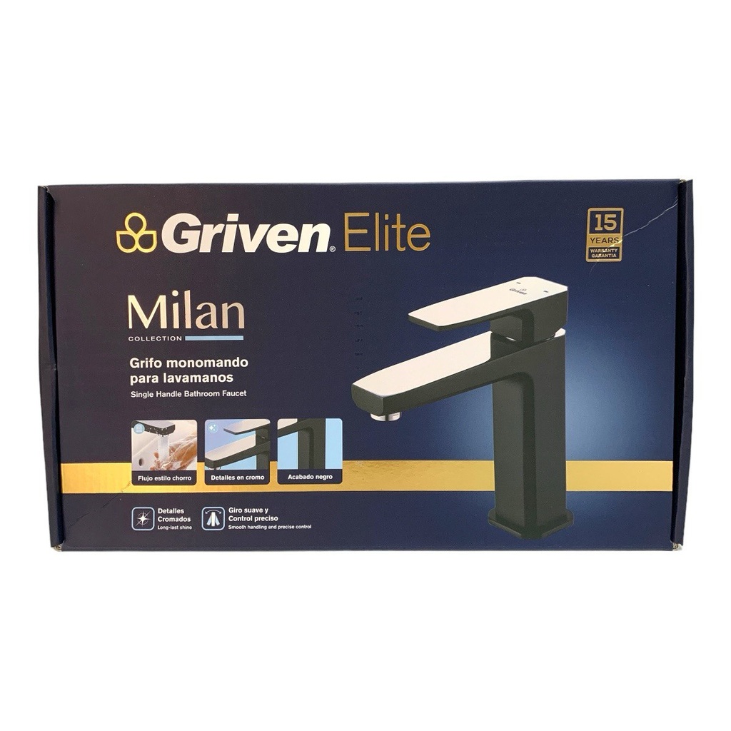 GRIFERIA CUELLO ALTO PARA LAVAMANOS NEGRO MATE GRIVEN ELITE EDICION MILAN COLLECTION