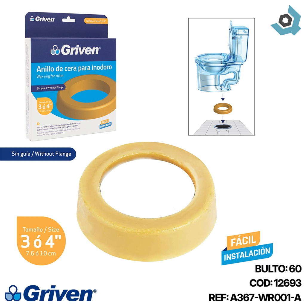 ANILLO DE CERA PARA INODORO 3" O 4" GRIVEN