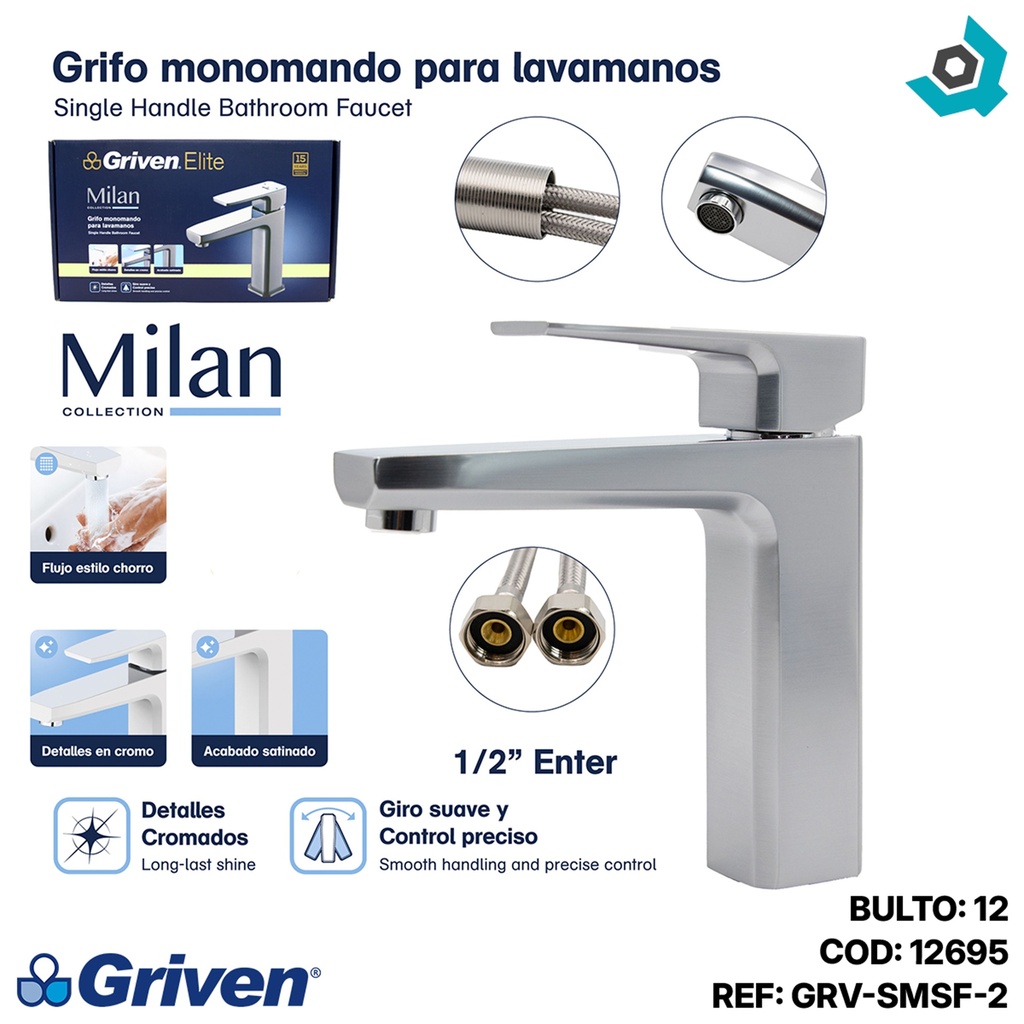 GRIFERIA MONOMANDO PARA LAVAMANOS SATINADO GRIVEN ELITE EDICION MILAN COLLECTION