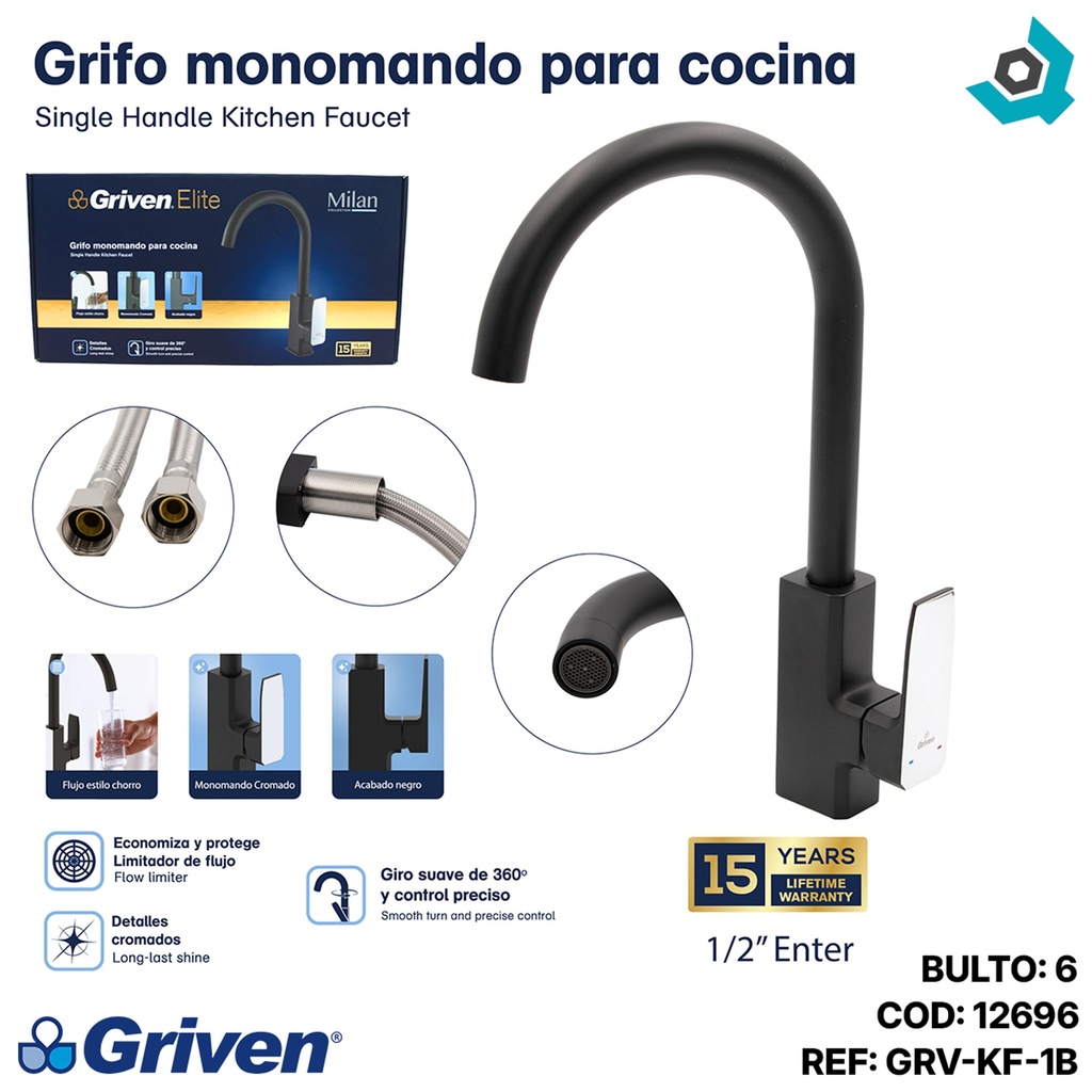 GRIFERIA PARA FREGADERERO NEGRO MATE GRIVEN ELITE EDICION MILAN COLLECTION