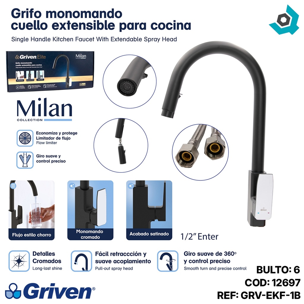 GRIFERIA PARA FREGADERERO CUELLO EXTENSIBLE NEGRO MATE GRIVEN ELITE EDICION MILAN COLLECTION
