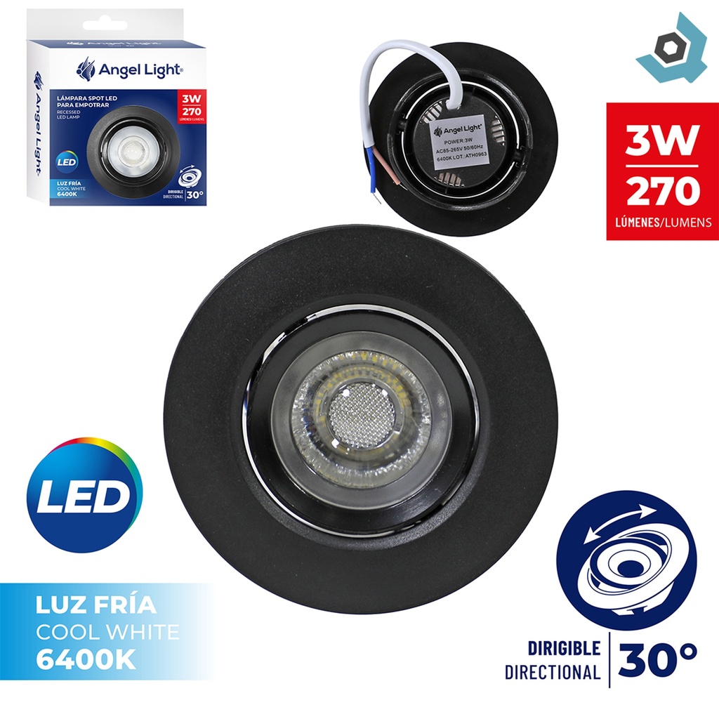 LAMPARA LED OJO DE BUEY 3W REDONDA 6400K NEGRO ANGEL LIGHT